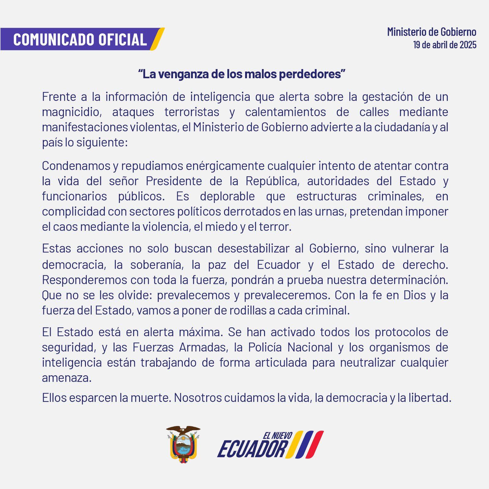 Comunicado de Ecuador sobre ataque a Daniel Noboa