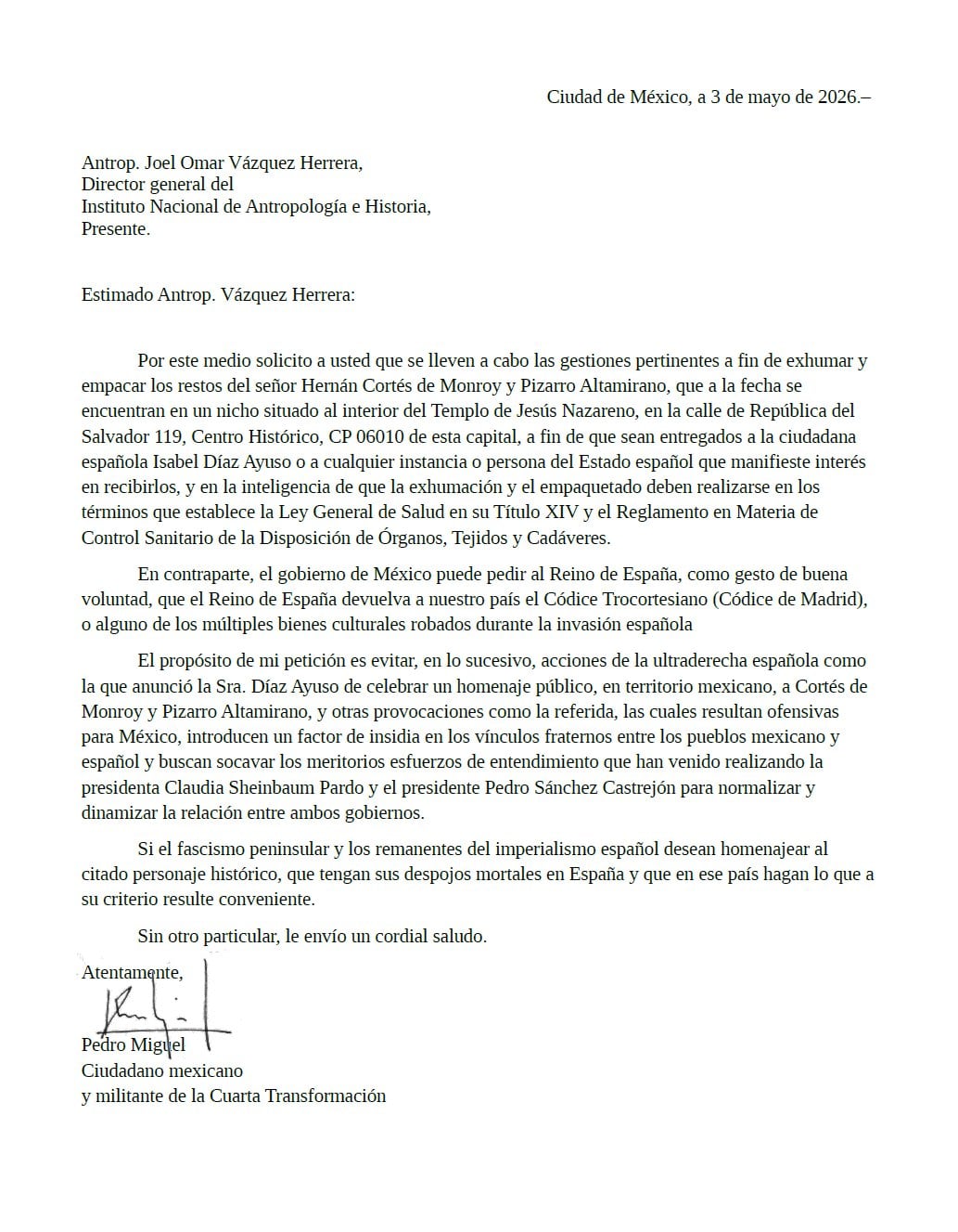 Pedro Miguel pide al INAH exhumar restos de Hernán Cortés.