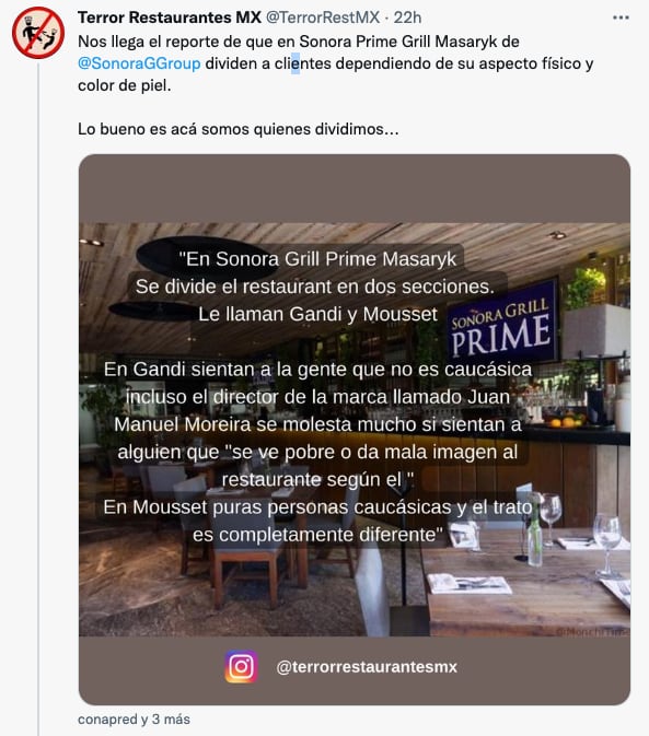 Sonora Grill Prime discrimina, pues en redes exhiben que la sucursal Mazaryk, en Polanco; usa “pigmento zonas”.