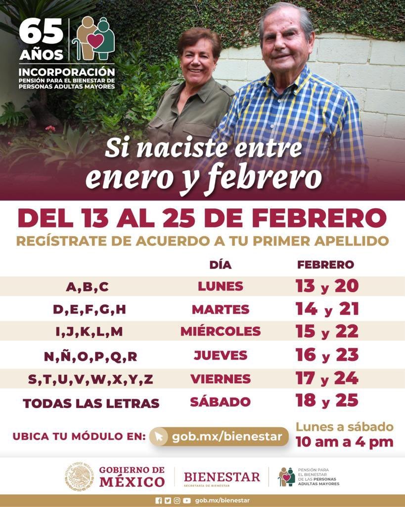 Calendario para registro Pensión del Bienestar de Afultos Mayores