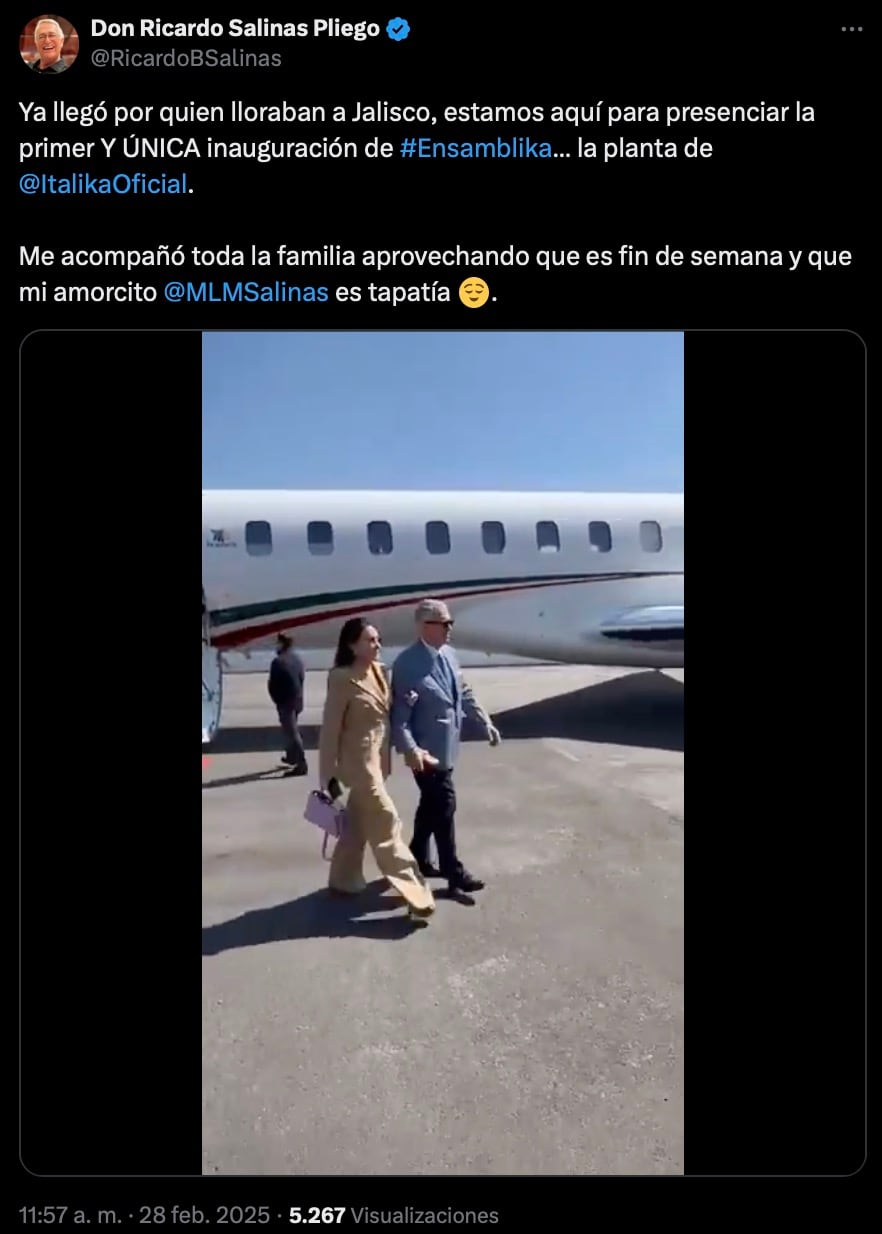 Publicación de Ricardo Salinas Pliego sobre nueva planta de Italika en Jalisco