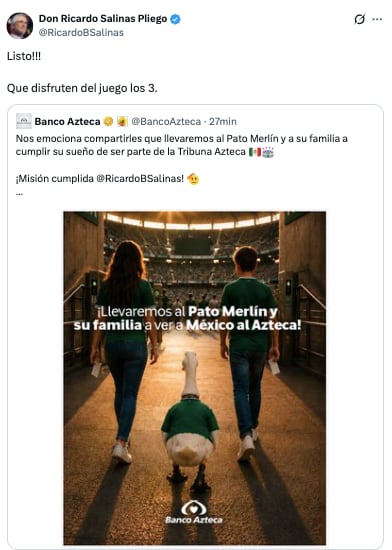 Salinas Pliego llevará al pato Merlín y a su familia a ver partido de México en Estadio Azteca