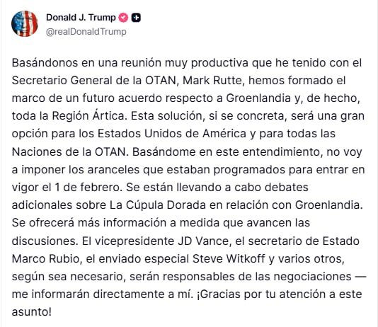 Trump descarta imponer aranceles tras acuerdo con la OTAN por Groenlandia