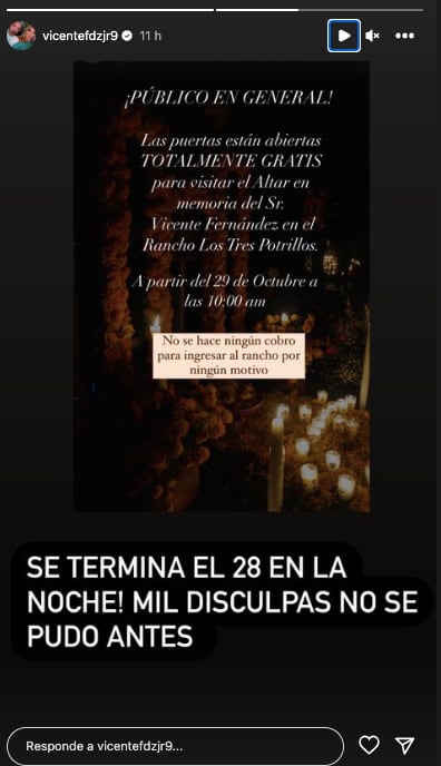 Vicente Fernández Jr se disculpa por no haber informado antes sobre el altar en honor a su padre
