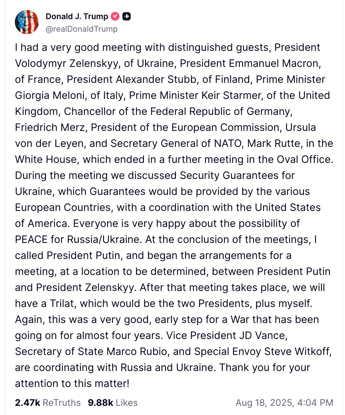 Mensaje de Donald Trump en Truth Social donde anuncia reunión de los presidentes de Rusia y Ucrania coordinada por Estados Unidos