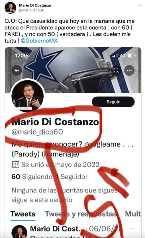 Mario Di Costanzo acusa de la creación de una cuenta falsa de parodia/@mario_dico50