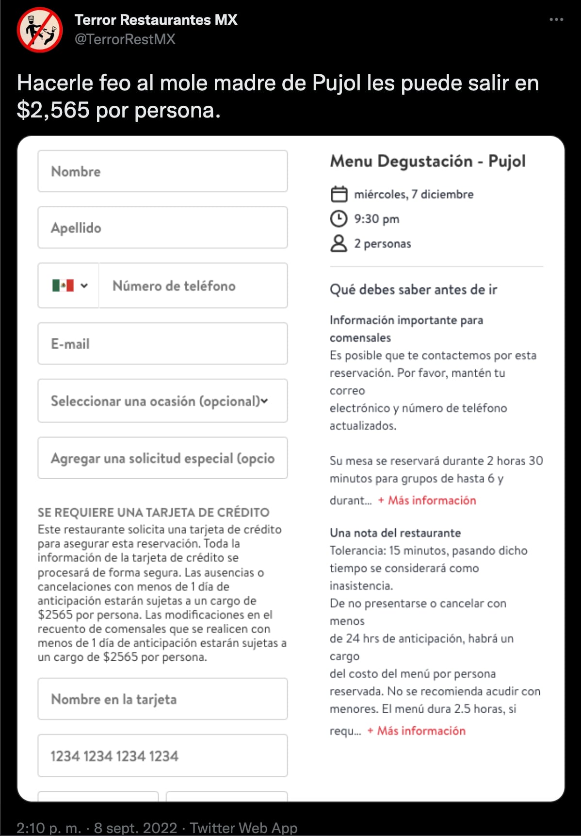 ¿Cuánto cuesta cancelar una reservación en Pujol y Niddo? sale caro decirle que no al mole madre