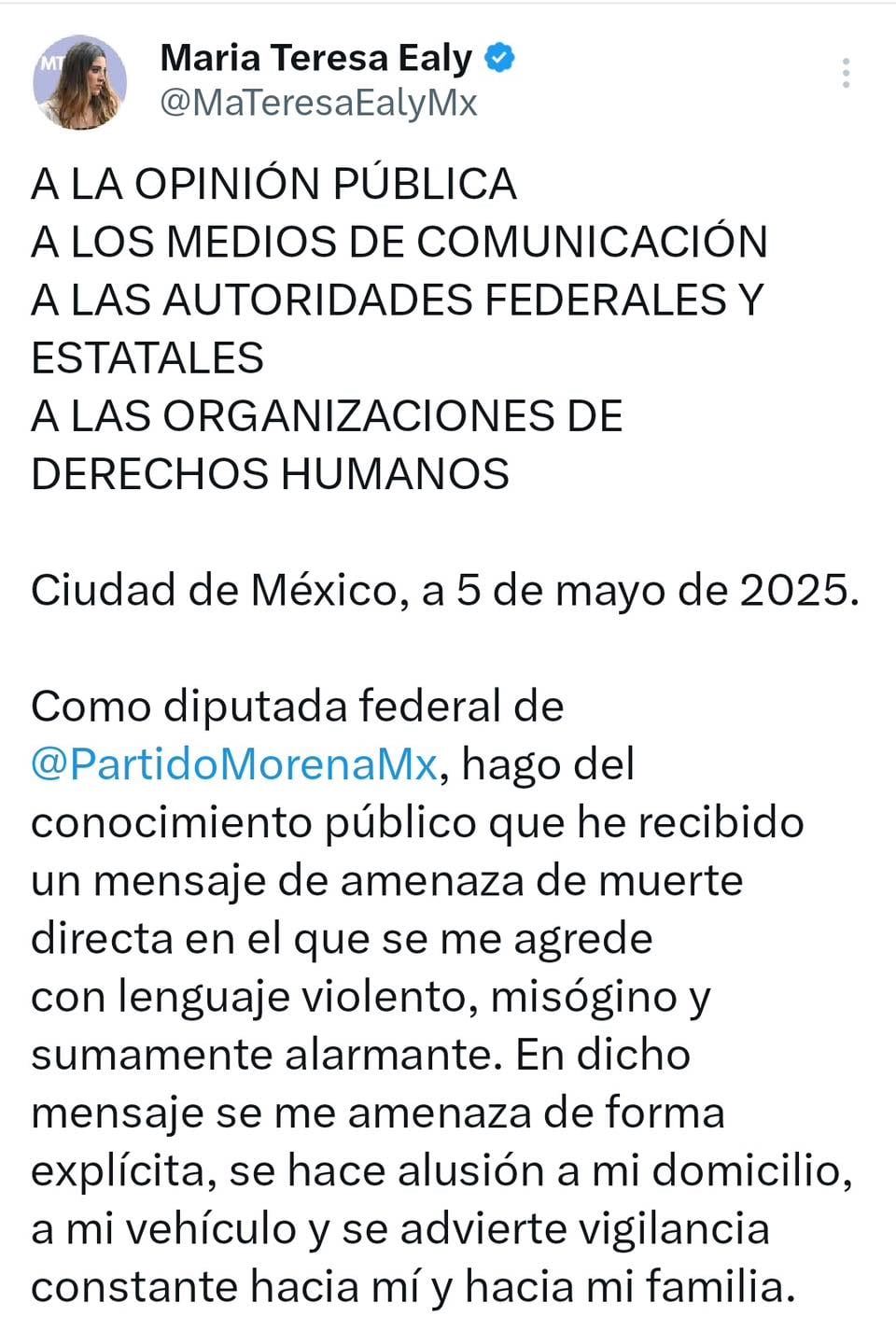 Movimiento Ciudadano pide protección para María Teresa Ealy,