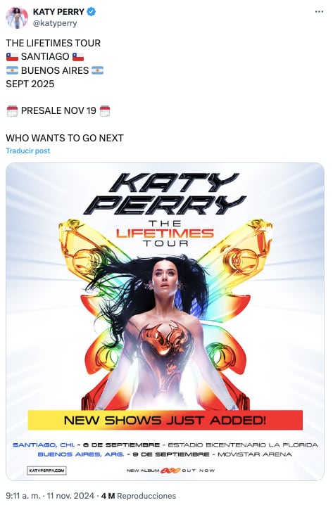 Katy Perry revela primeras fechas y lugares de su gira por Latinoamérica