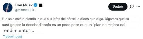 Elon Musk critica a Claudia Sheinbaum por no declarar guerra contra el narco.
