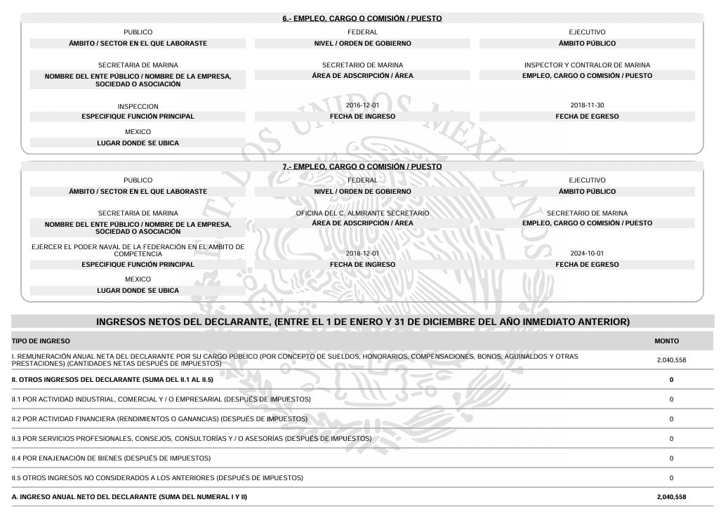 Declaración patrimonial de Rafael Ojeda, ex secretario de Marina
