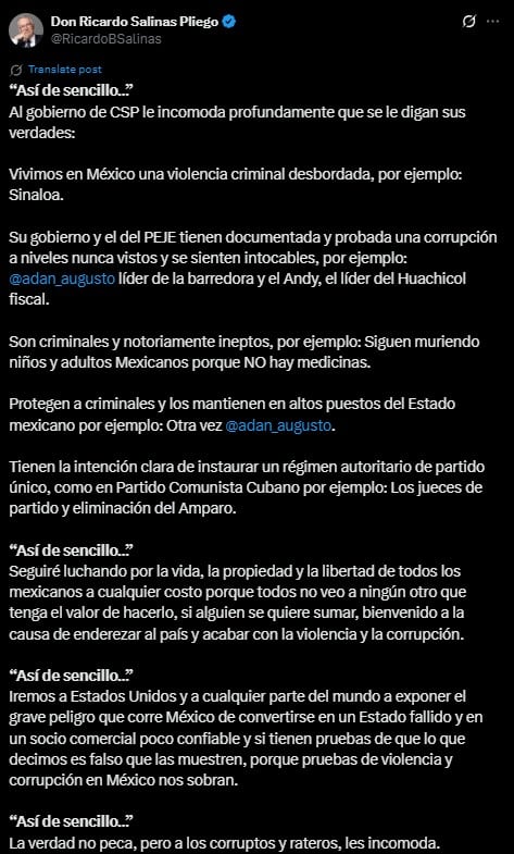 Ricardo Salinas Pliego responde a Claudia Sheinbaum