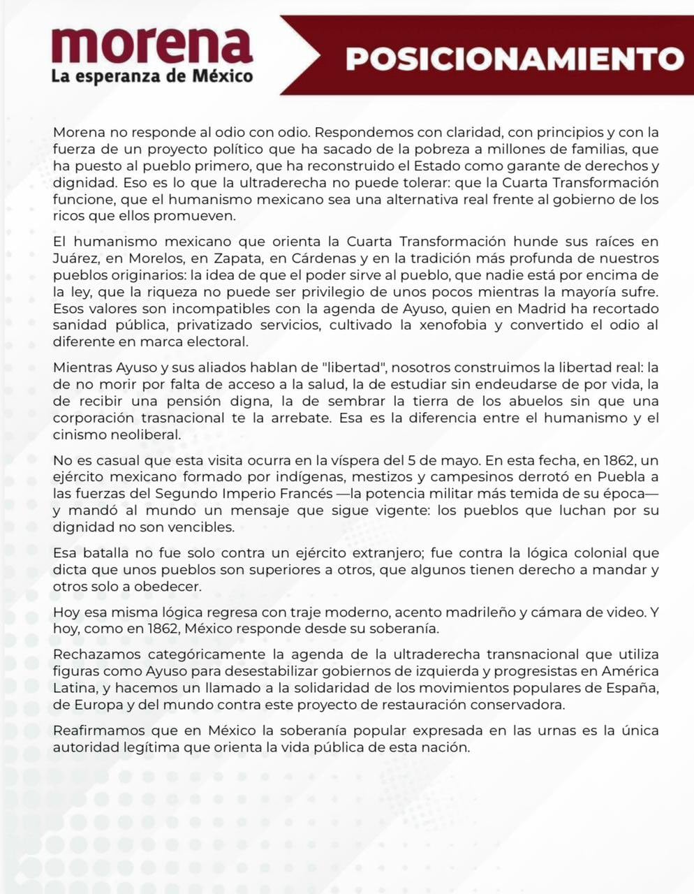 Morena acusa “provocación política” de Díaz Ayuso tras visita a México