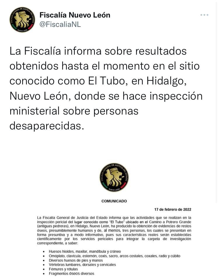 Fiscalía de Nuevo León sobre los restos encontrados en El Tubo