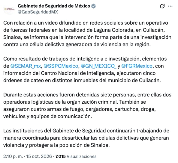 Gabinete de Seguridad sobre detenciones en Culiacán