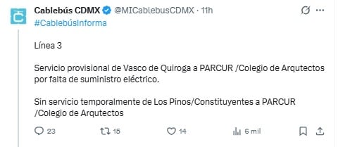 Cablebús informa que la Línea 3 se quedó sin luz.