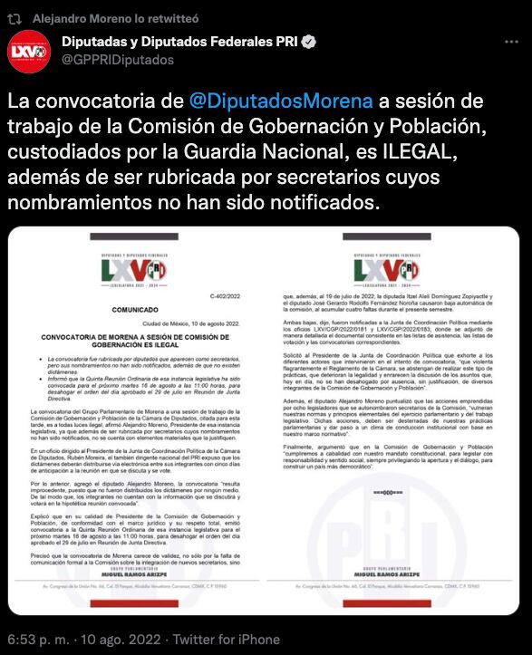 Alejandro Moreno responde a remoción de la Comisión de Gobernación