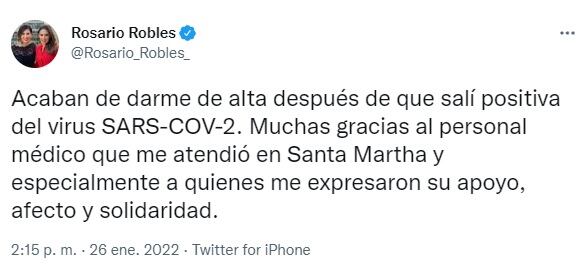 Rosario Robles se recupera de Covid-19