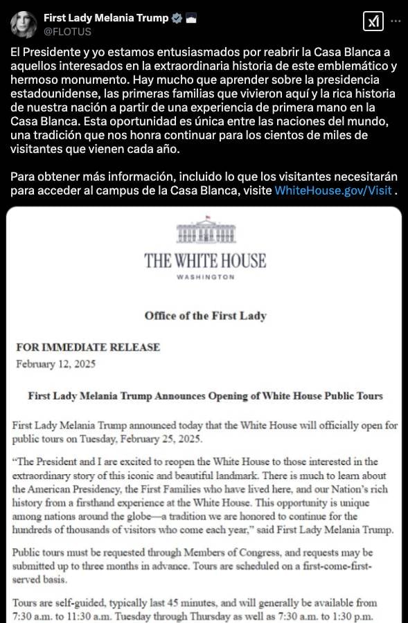 Melania Trump anuncia regreso de tours a La Casa Blanca de Estados Unidos