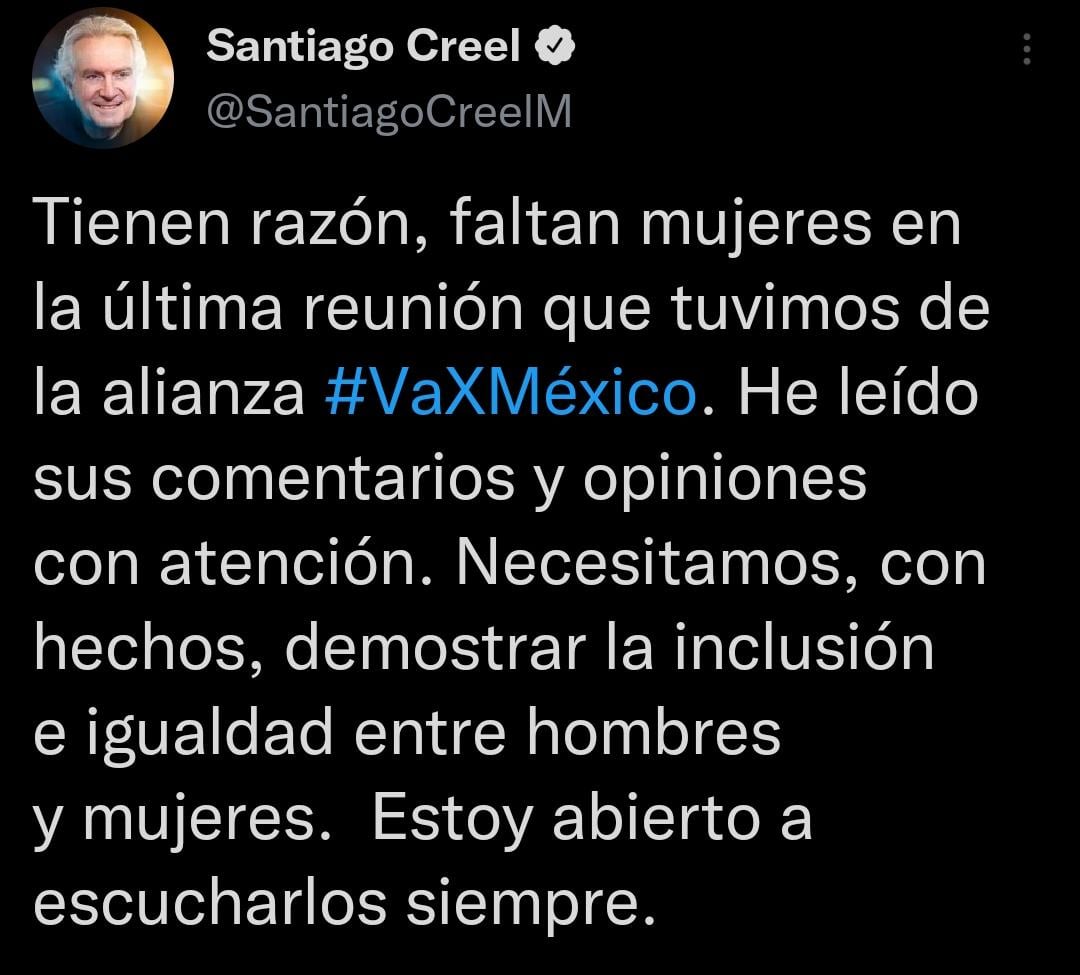 Santiago Creel reconoce ausencia de mujeres en reunión Va por México