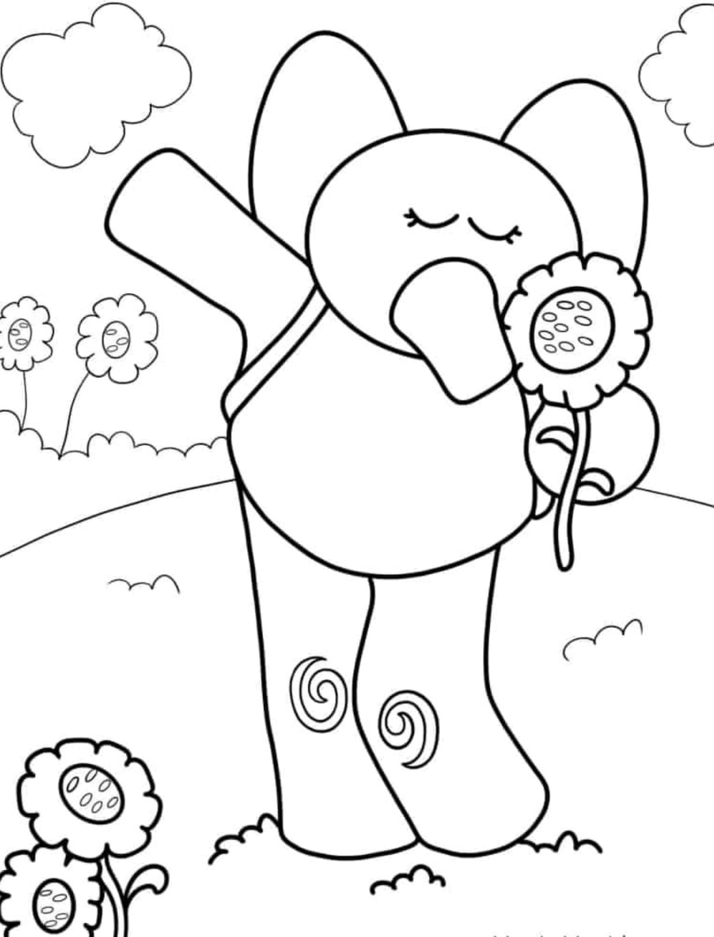 Elly de Pocoyo oliendo flores en primavera