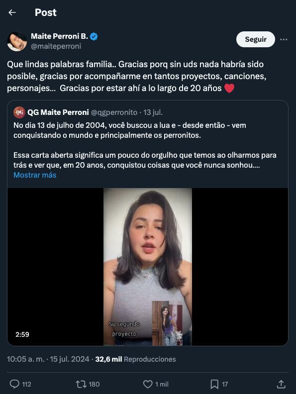 Maite Perroni agradece a fans por los 20 años de RBD