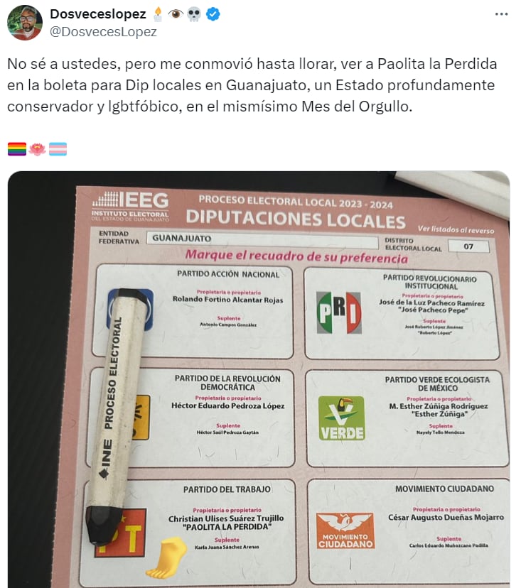 Paola Suárez aparece como 'Christian Ulises Suárez Trujillo, Paolita La Perdida' en las boletas electorales