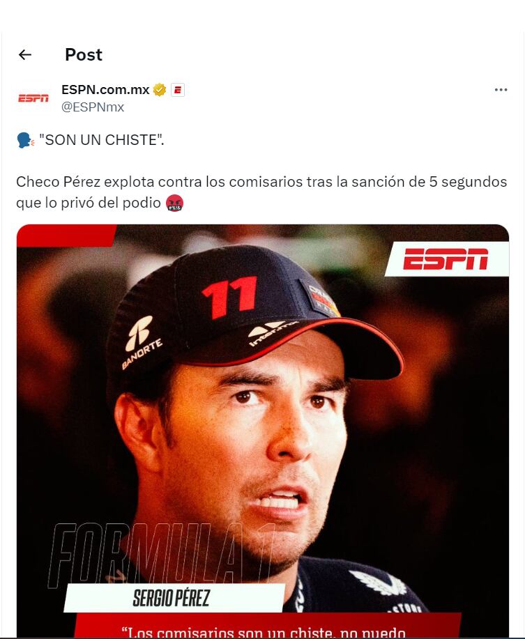 Checo Pérez explota contra su penalización
