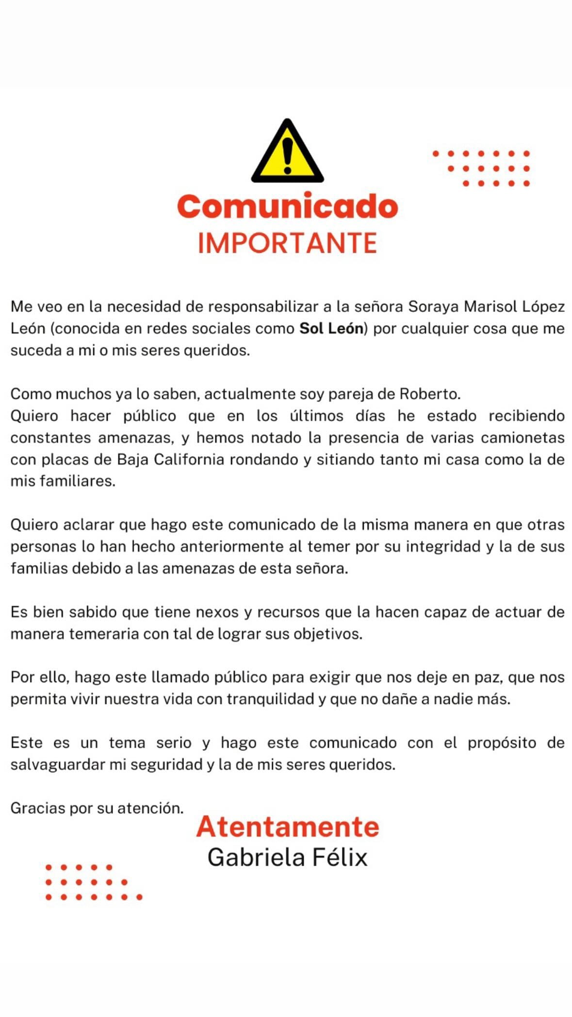 Gabriela Félix reacciona a la polémica de Sol León y Roberto López.