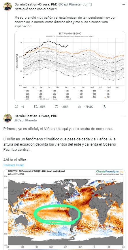 Tuit de Bernie Bastien-Olvera explicando por qué hay tanto calor