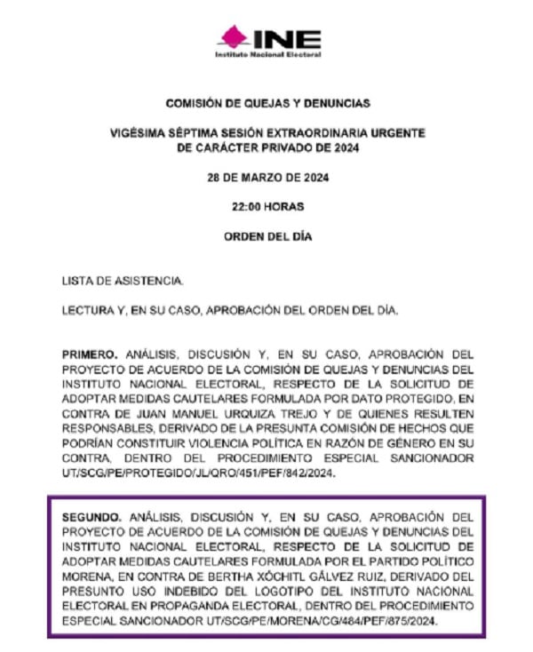 Orden del INE de la sesión de emergencia