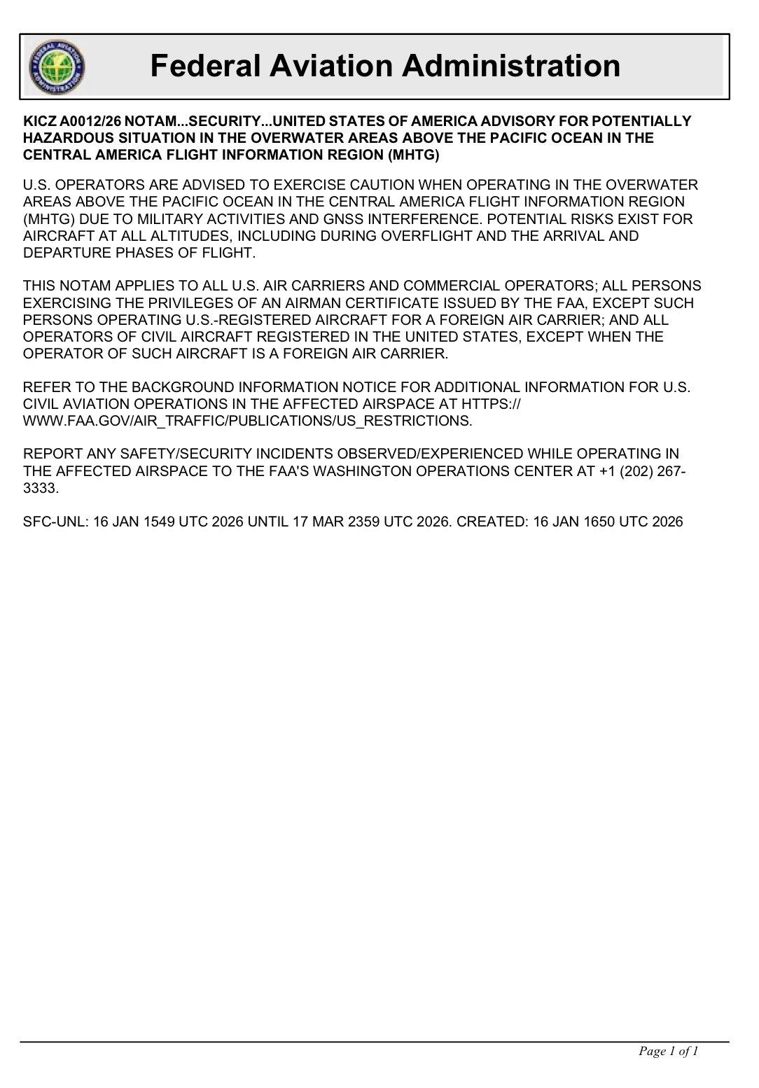 Alerta de vuelo de la FAA