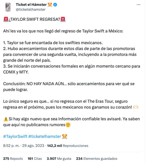 Rumores sobre el regreso de Taylor Swift a México