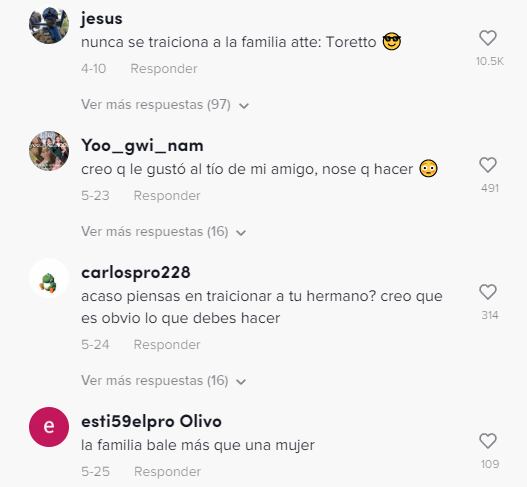 Comentarios al TikTok que revela que le gusta a la novia de su hermano