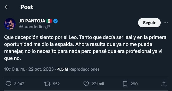 Juan de Dios Pantoja acusa a su manager de querer atención y de no serle leal