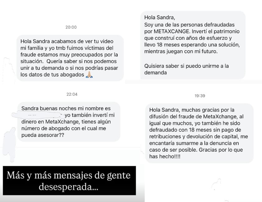 Sandra Echeverría muestra mensajes de otras presuntas víctimas de Metaxchange Capital