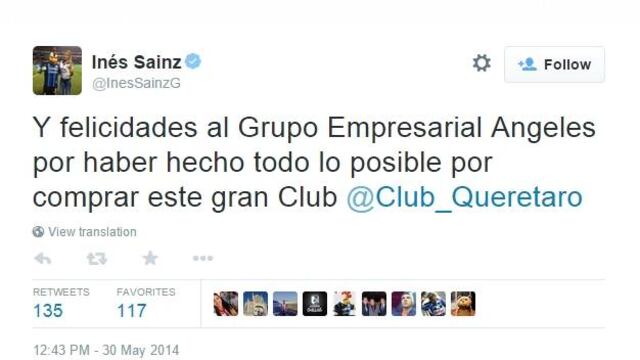Ines Sainz felicitó al Grupo Empresarial Ángeles cuando compró al Querétaro