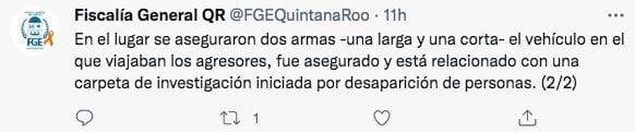 Tuit de la Fiscalía de Quintana Roo