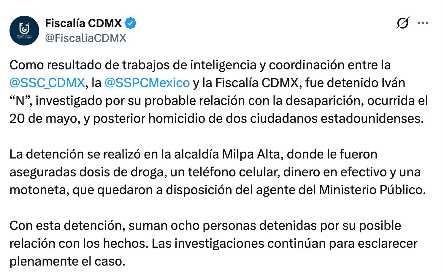 Avanza el caso del asesinato de la pareja de estadounidenses en Tlalpan; detienen a Iván "N"