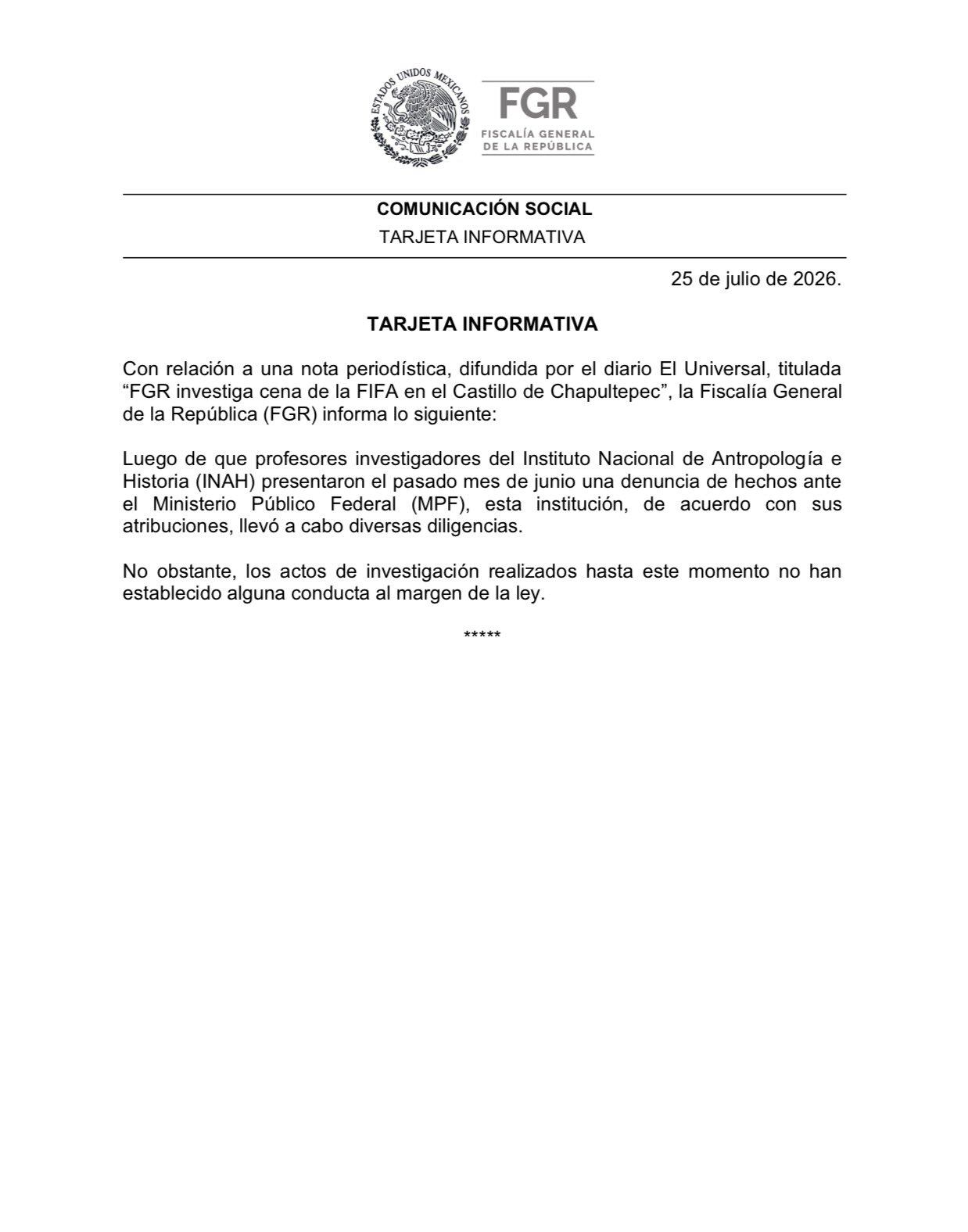 Comunicado de la FGR revela que inició una investigación tras denuncia de la INAH ante la cena de la FIFA en el Castillo de Chapultepec