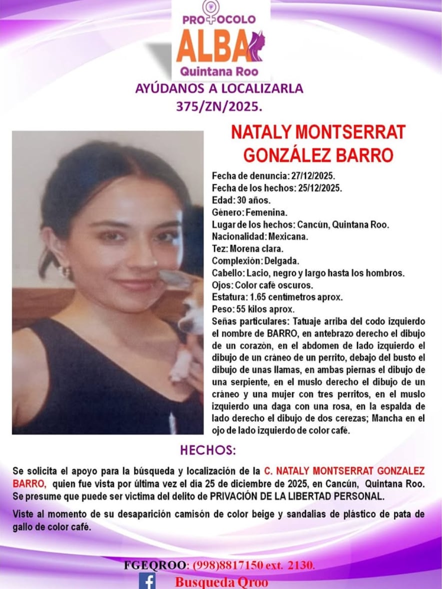 Nataly Montserrat González Barro desapareció el 25 de diciembre en Cancún