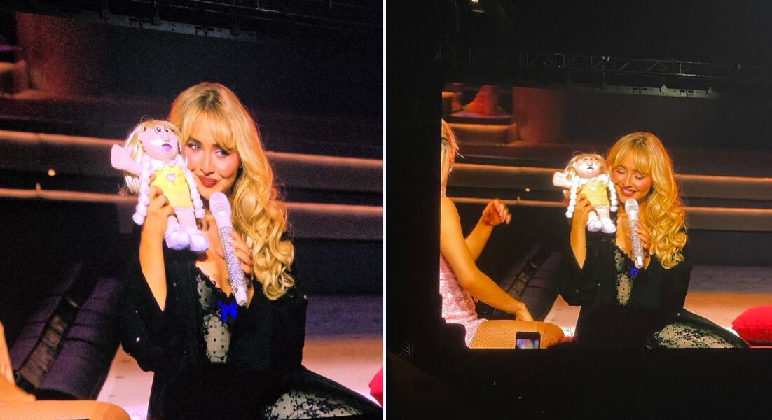 Sabrina Carpenter recibe peluche del Dr. Simi durante concierto en Chicago