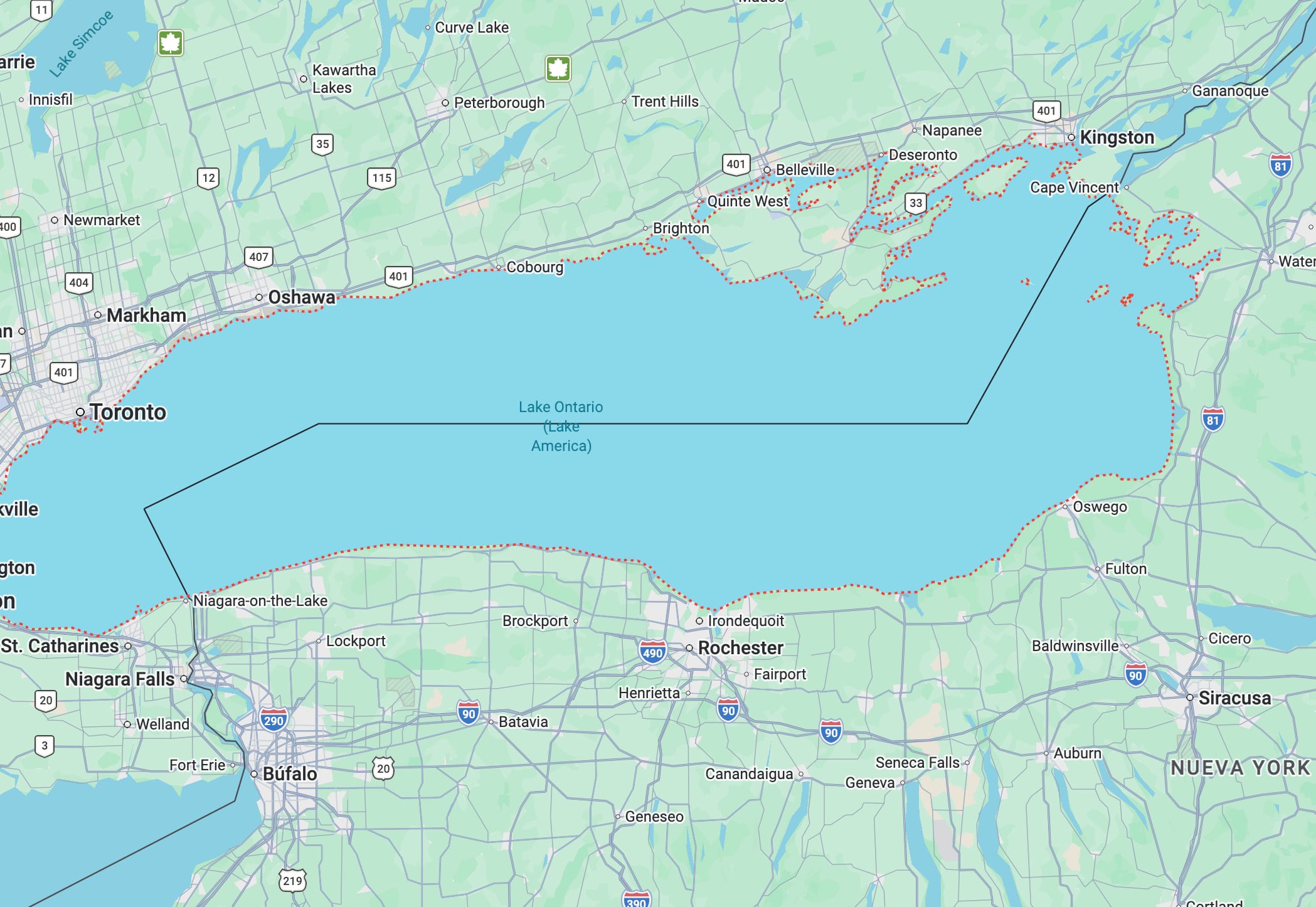 Google Maps llama Lago América a Lago Ontario