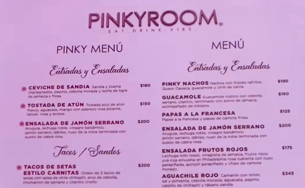Menú del Pinky Room