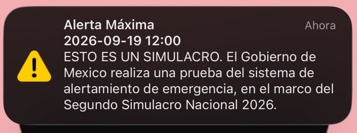 Mensaje de alerta máxima en celulares por segundo Simulacro Nacional 2026