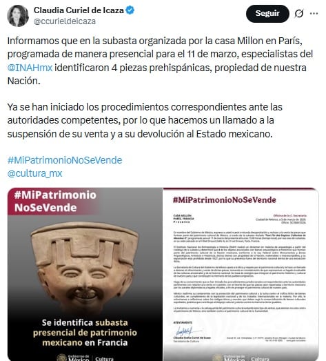 Claudia Curiel de Icaza pide suspender venta de piezas prehispánicas en Francia.