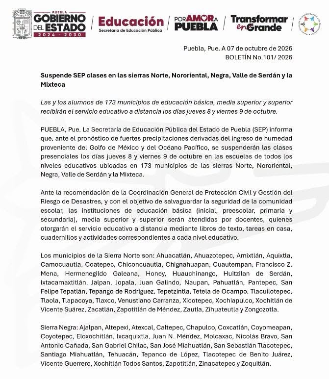 Puebla suspende clases