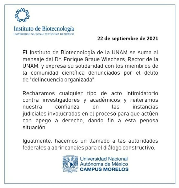 Respaldo de Instituto de Biotecnología UNAM a científicos de Conacyt