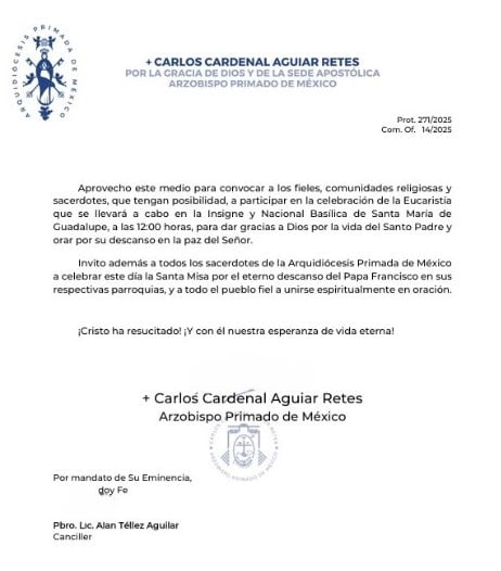 Anuncian misa en México por la muerte del Papa Francisco