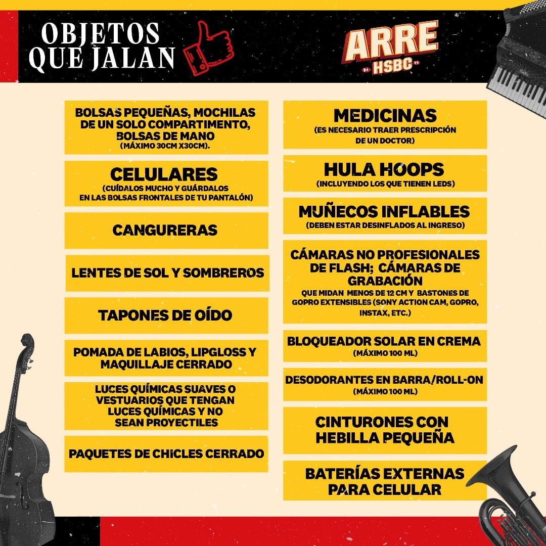 Objetos permitidos en Festival Arre HSBC 2023